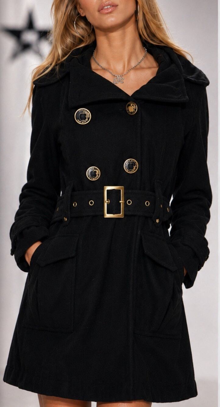 Apple Bottoms Vintage Black Belted Trench Coat XL Gold Logo Buttons Y2K Hooded